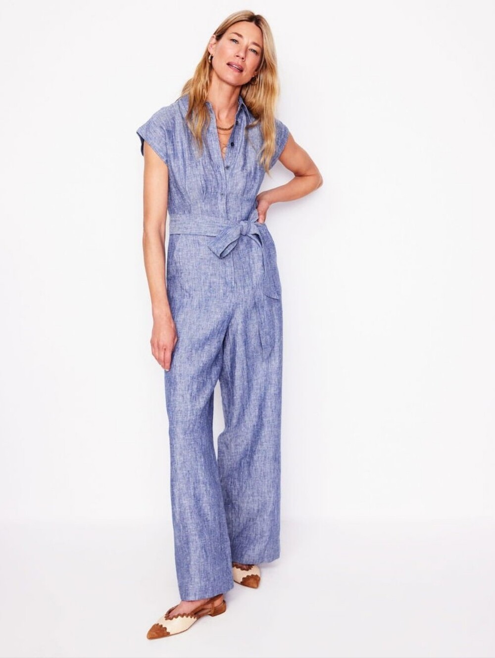 Boden Colette Linen Jumpsuit in Blue Chambray Size 4 Tall